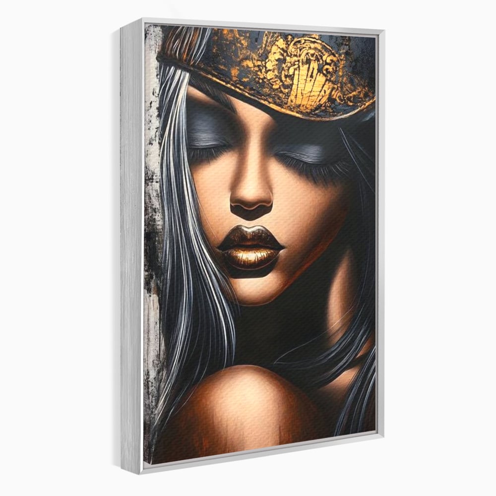 Tablou canvas cu tablou canvas cu femeie si coroana aurie, in rama de aluminiu argintiu